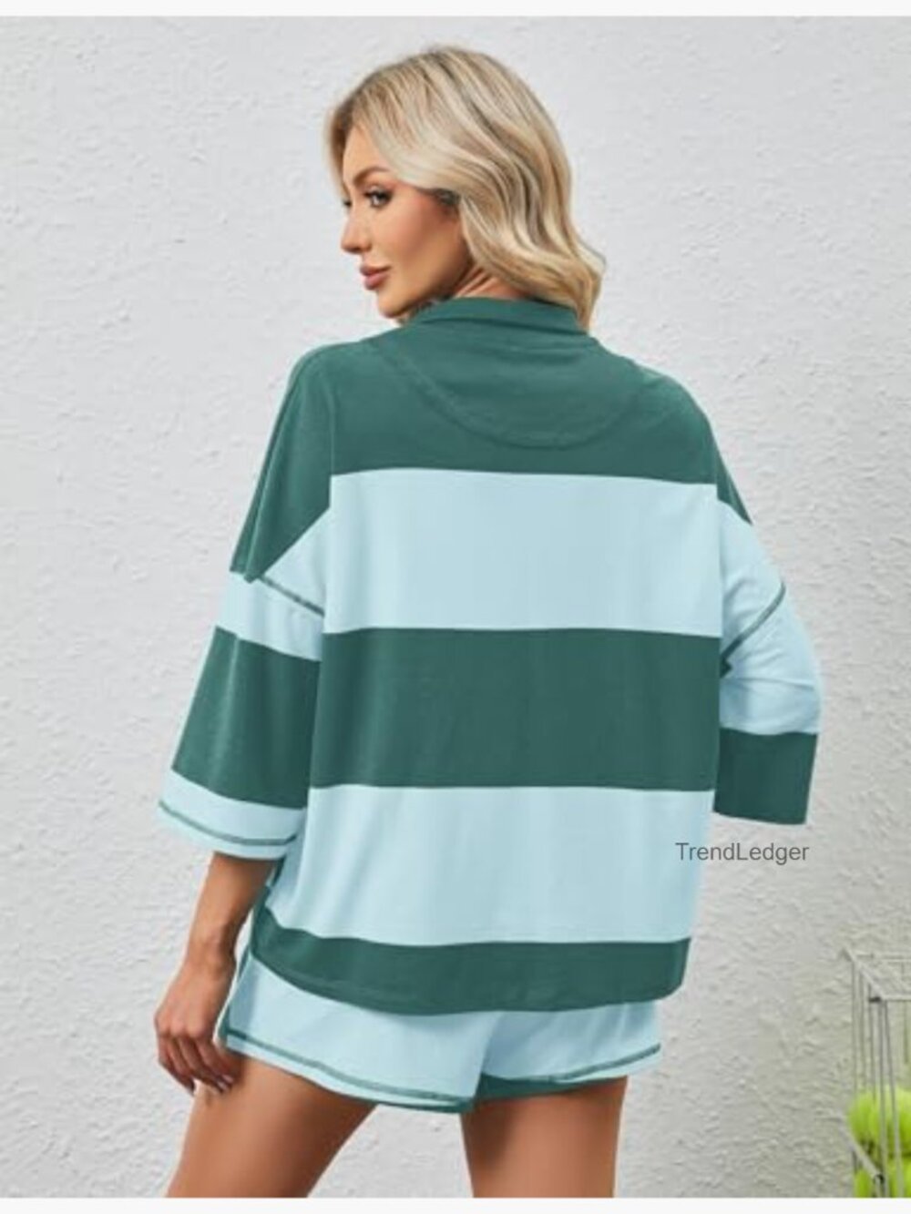 Oversized Striped Lounge Set with Elastic Shorts and Half Zip Tee - Picture 4 of 7